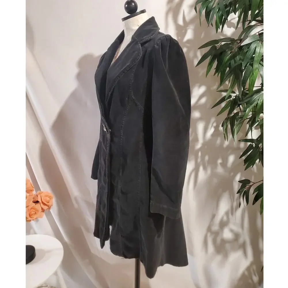 Vtg Y2K Bisou Bisou Fine Wale Corduroy Raw Hem Long Trench Jacket L Black Goth - Picture 4 of 11